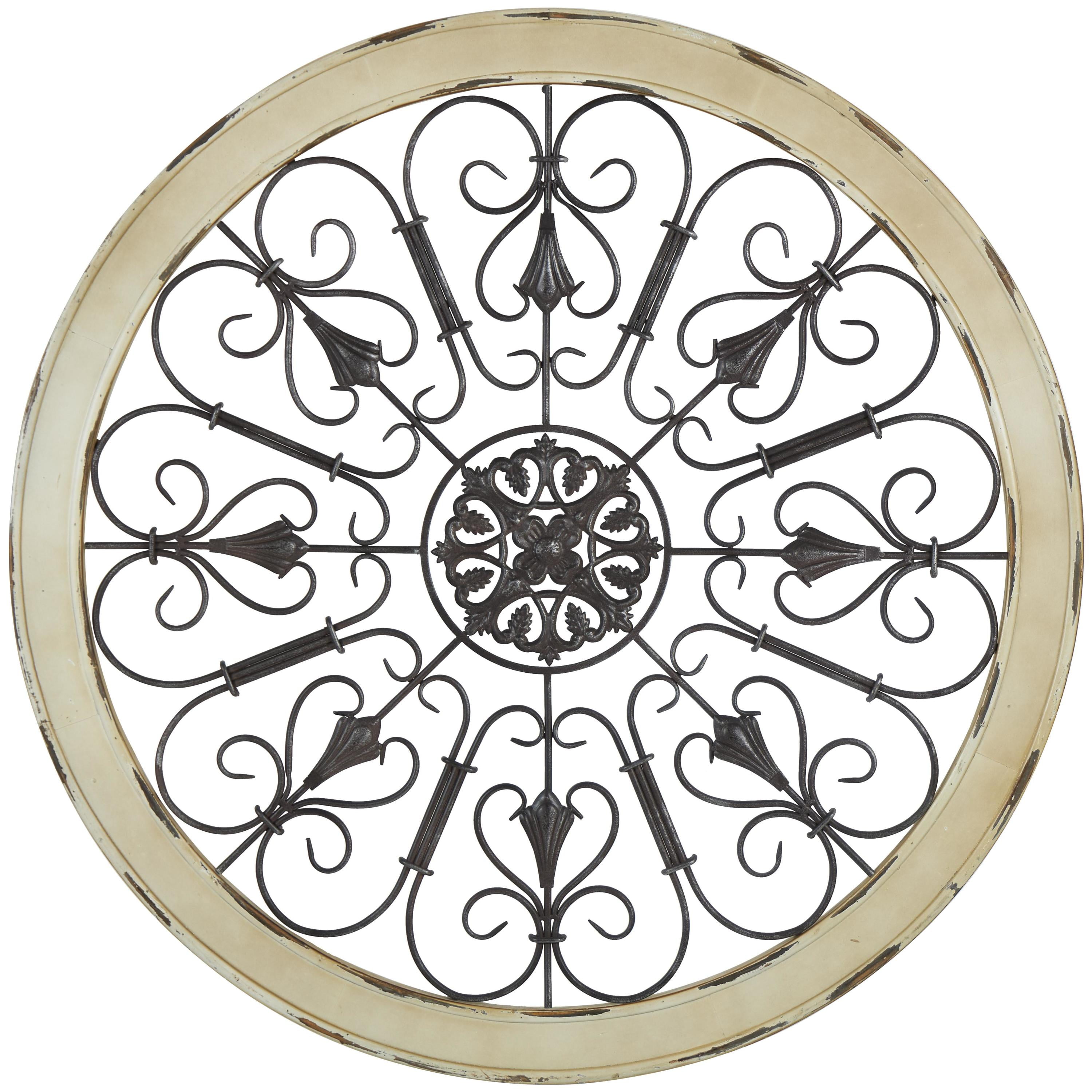 White Distressed Wood and Iron Scroll Wall Decor, 36" Round