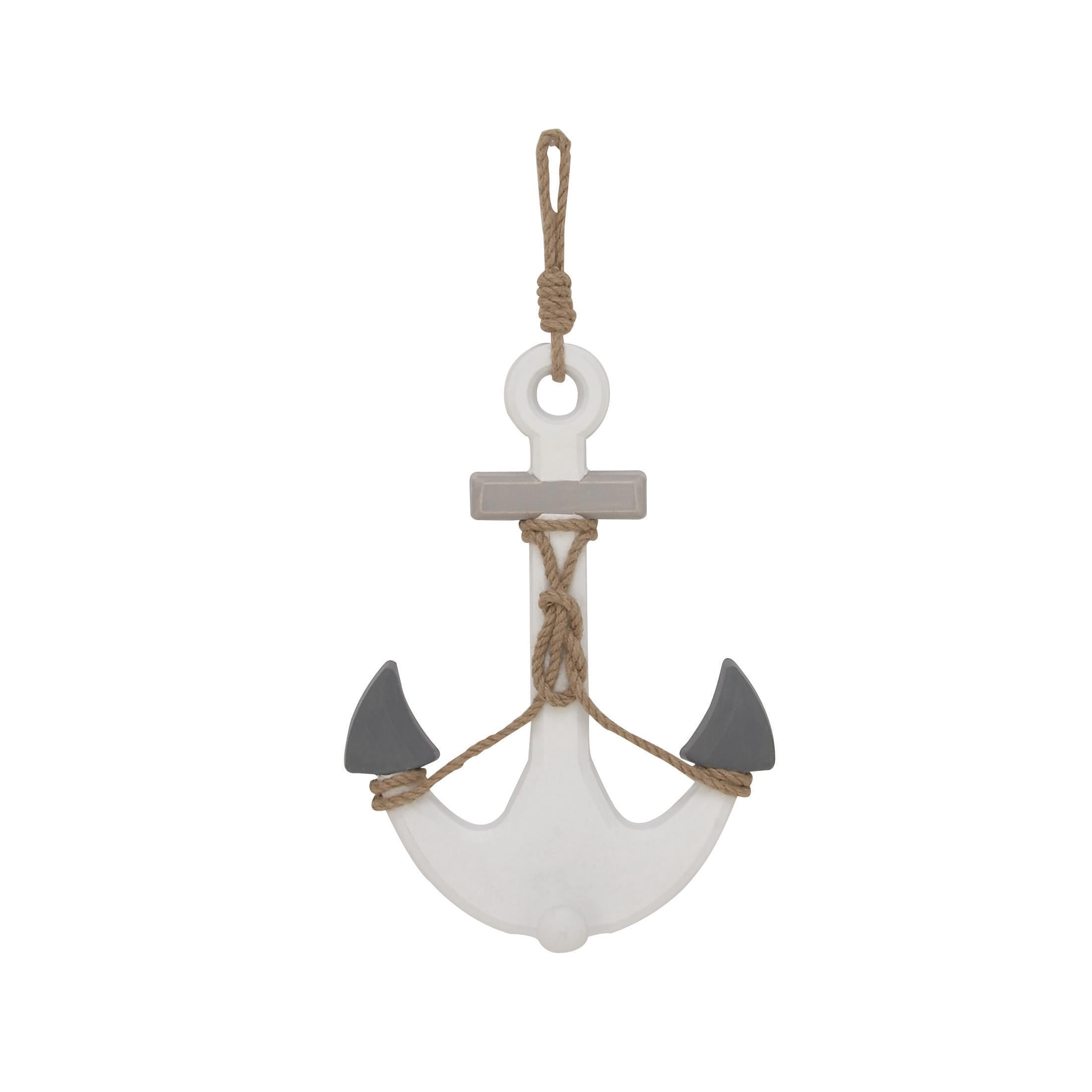 DecMode White Wooden Anchor Wall Decor with Hanging Rope