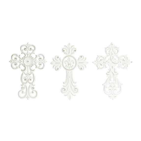 DecMode White Wooden Carved Cross Cross Wall Decor (3 Count)