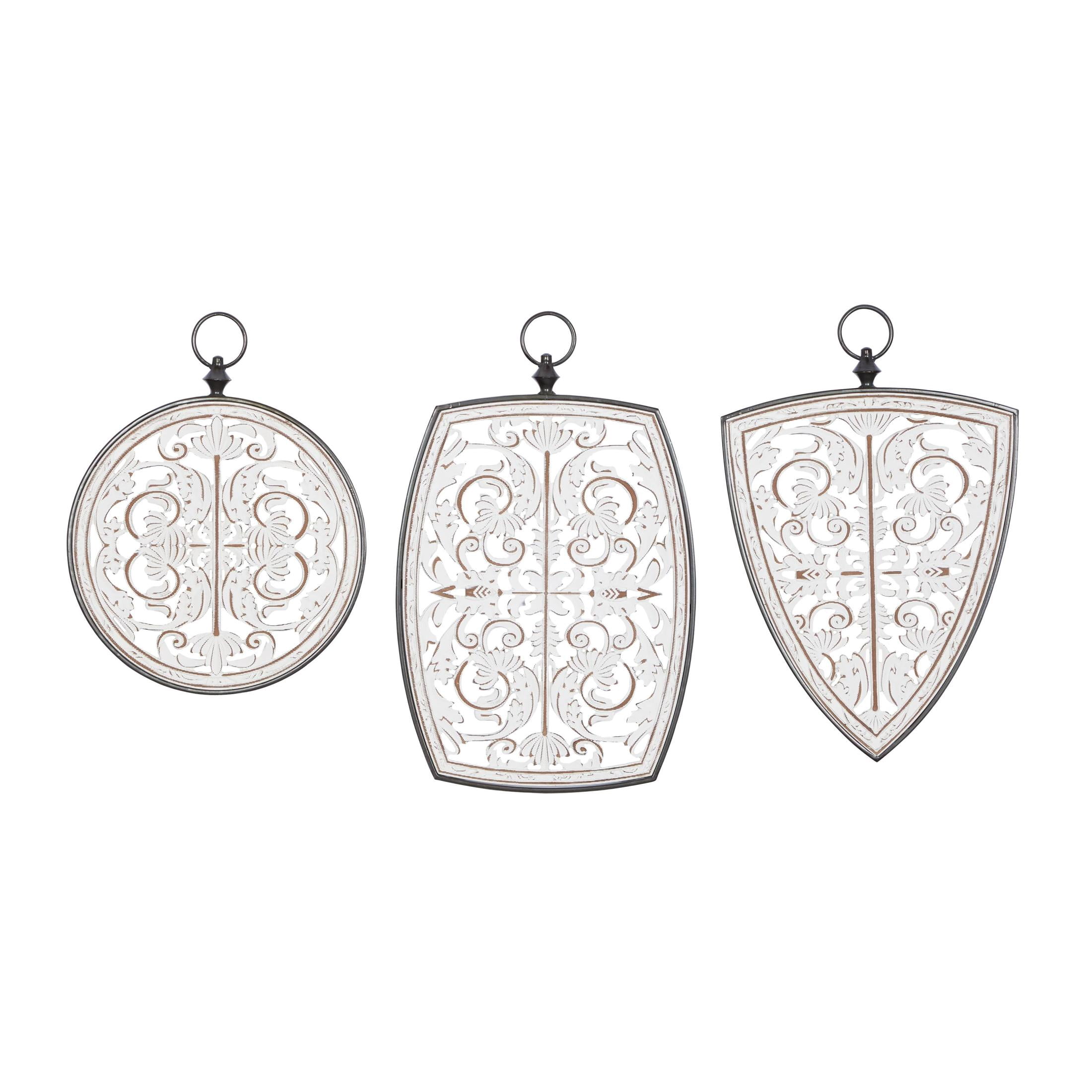DecMode White Wooden Carved Scroll Wall Decor with Gray Geometric Metal Ring Frames (3 Count)