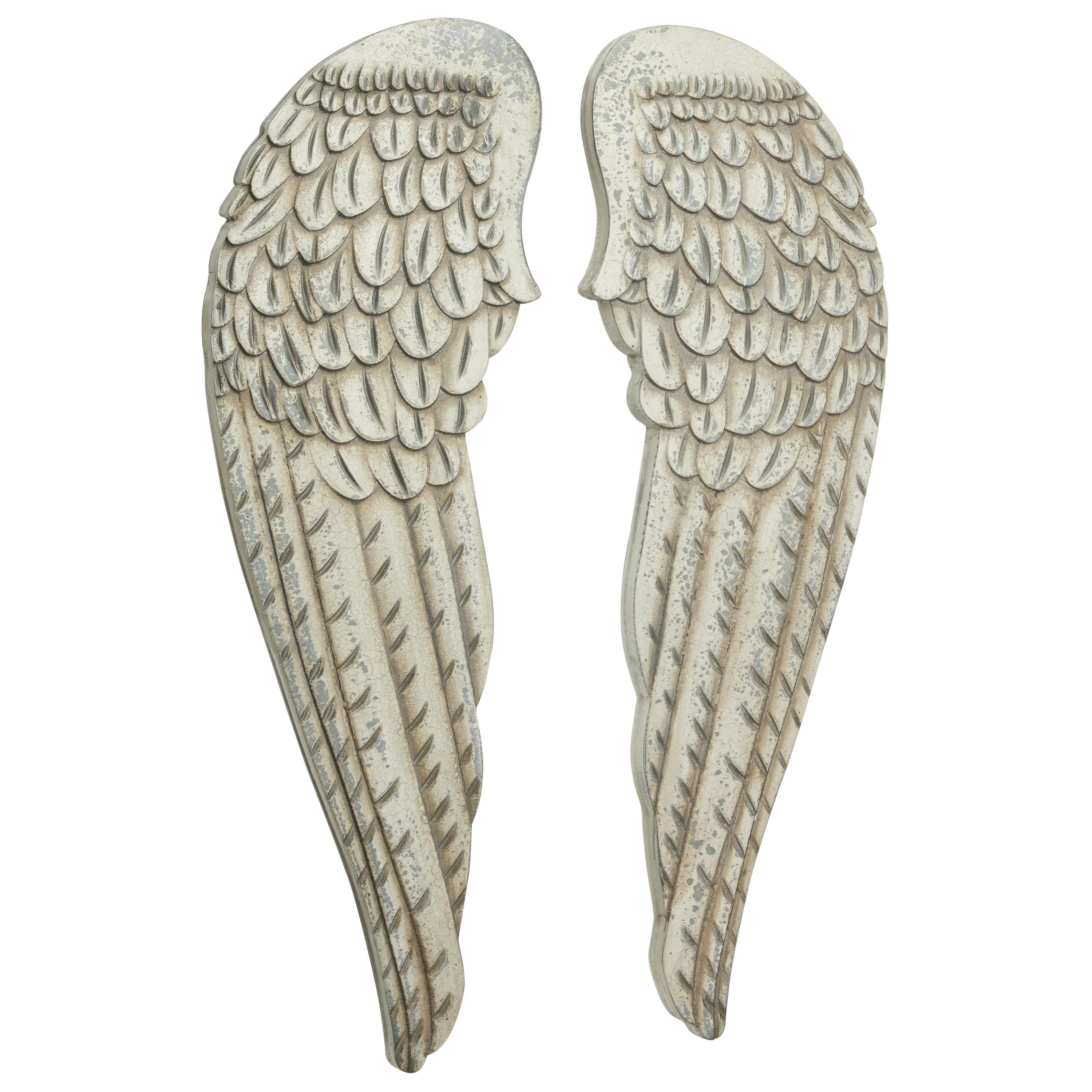 Distressed White Carved Wood Angel Wings Wall Decor Set