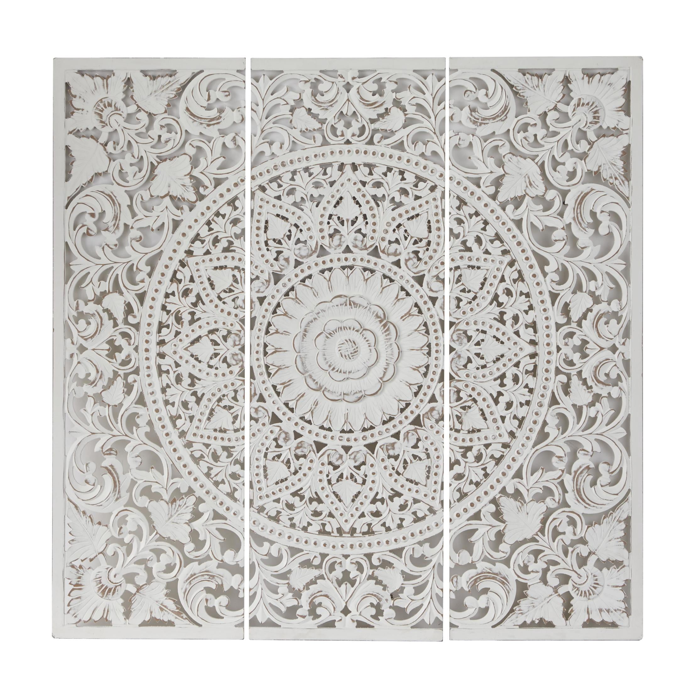 DecMode White Wooden Handmade Intricately Carved Floral Wall Decor with Mandala Design (3 Count)