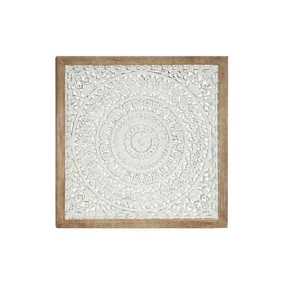 DecMode White Wooden Intricately Carved Mandala Floral Wall Decor