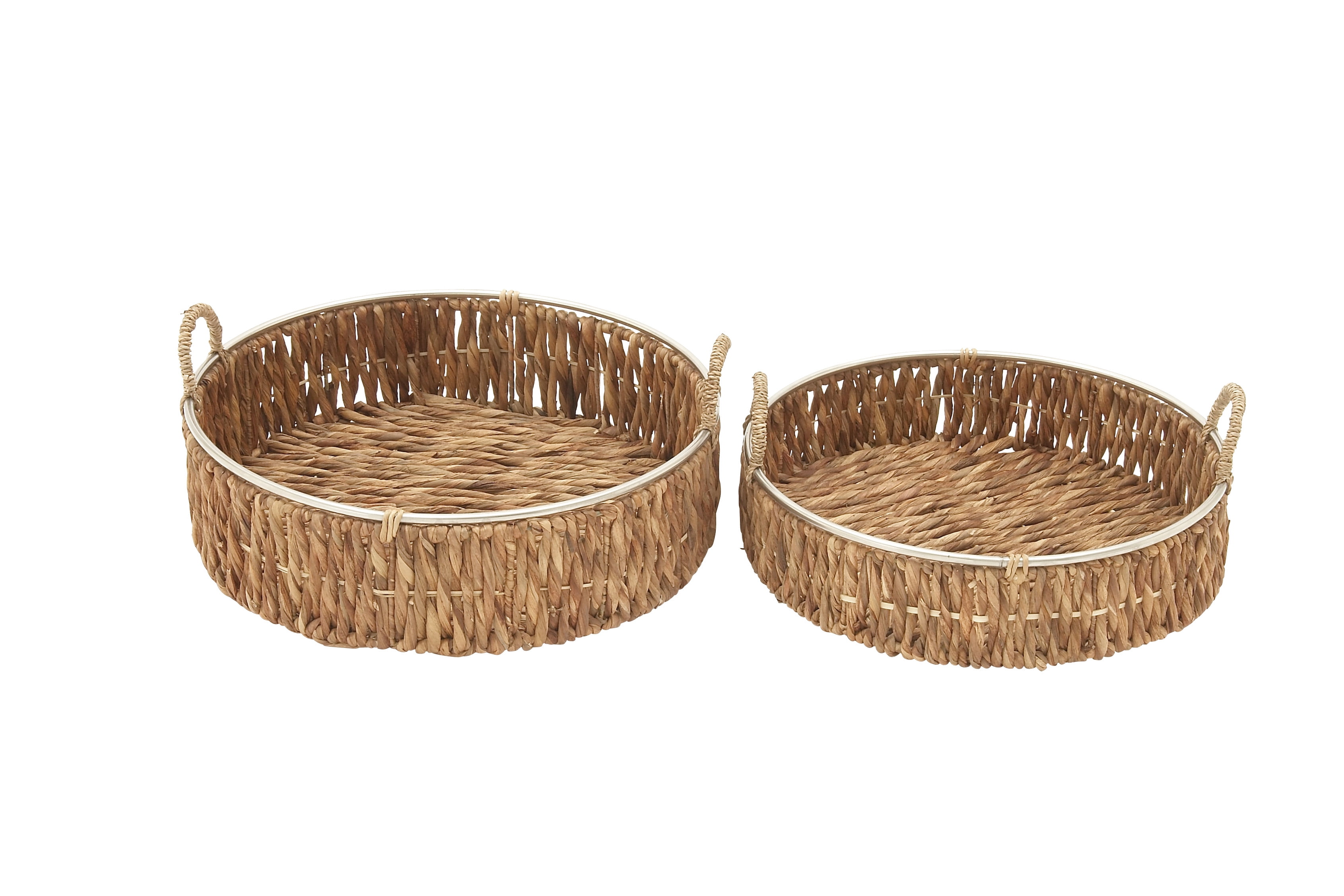 20" Round Natural Seagrass Woven Storage Basket Set with Metal Ring Handles