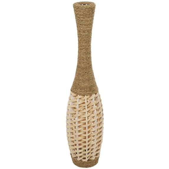 DecMode Wood/Bamboo Bohemian Curved Round Slender Decorative Vase 7"W x 40"H, with Light Brown Woven Bamboo Strips and Coiled Brown Woven Rope