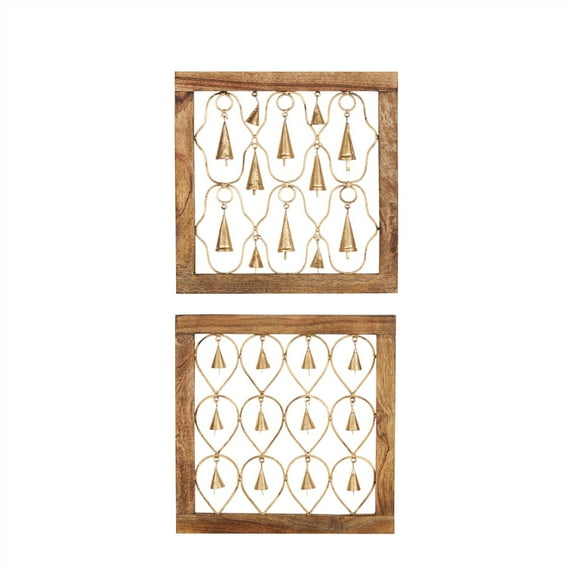 DecMode Wood Farmhouse Hanging Brown Decorative Bells in a Square Frame with Tanished Brass Finish, Set of 2 16"W x 16"H
