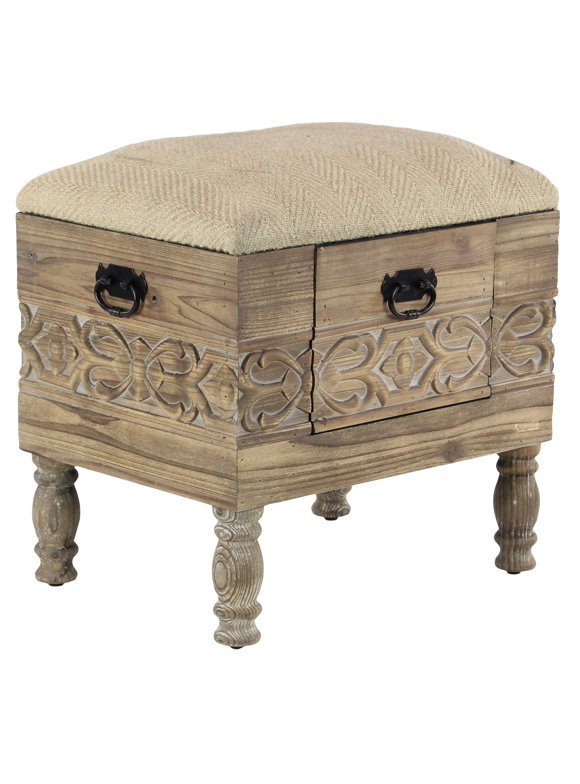 DecMode Wood Floral Intricately Carved Storage Stool with Cream Burlap Top, Beige