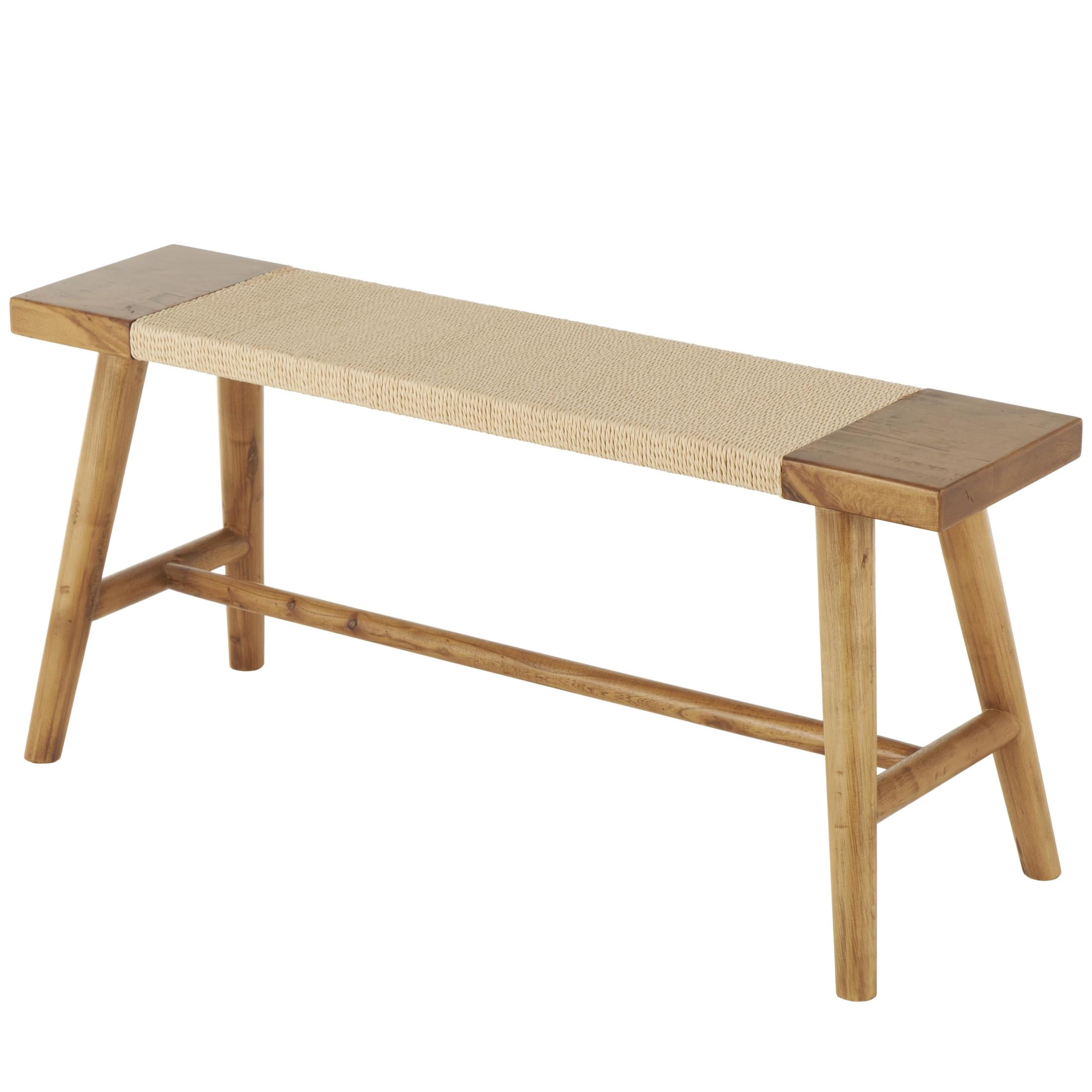 DecMode Wood Handmade Slim Bench with Faux Rattan Wrapped Seat, Brown
