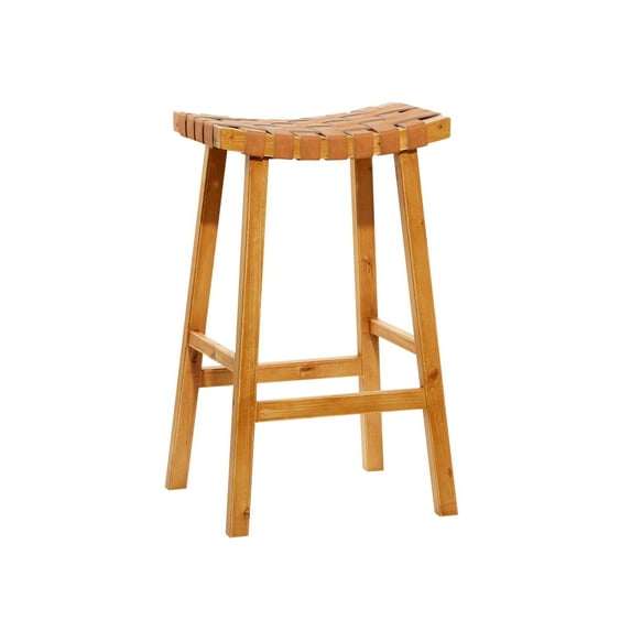 DecMode Faux Leather Handmade Woven Bar Stool with Wood Frame, Brown