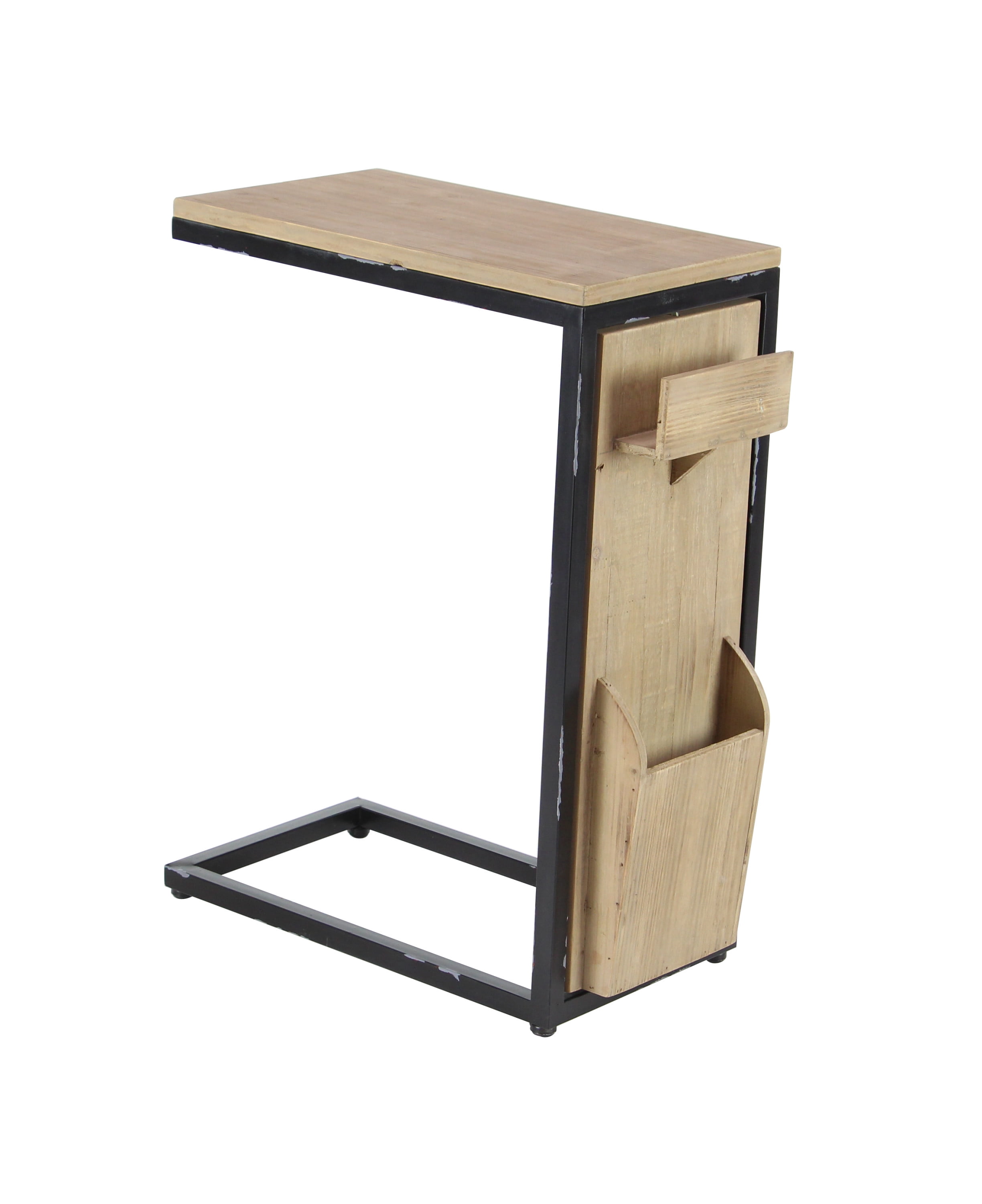 DecMode Wood Industrial C Shaped Accent Table with Storage Slots and Light Brown Finish, 20"W x 24"H