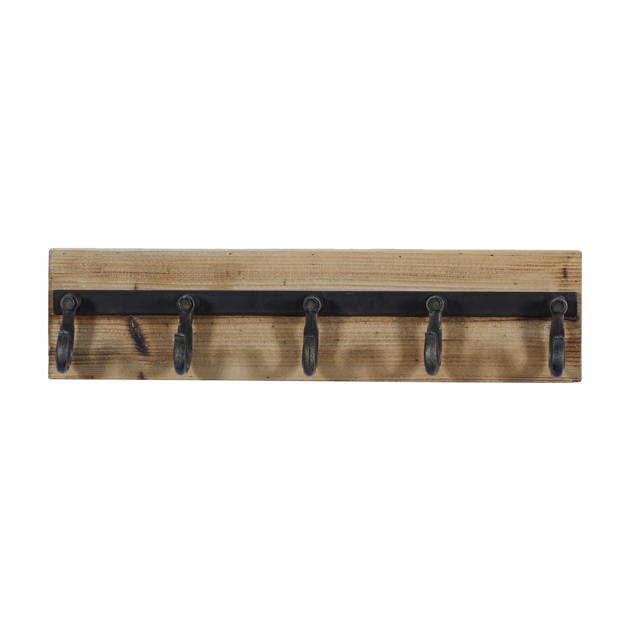 DecMode Wood Industrial Wall Black/Brown Hook Rack 24"W x 6"H with Wooden Panel Board