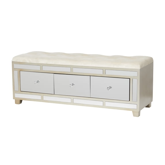 DecMode Wood Mirrored 3 Drawer Bench with Upholstered Seat, Cream