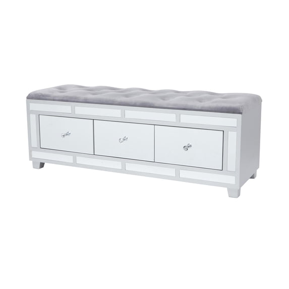 DecMode Velvet Mirrored 3 Drawer Storage Bench with Upholstered Seat, Gray