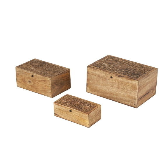DecMode Wood Rustic Flower Carved Decorative Box Set of 3, 8", 10", 12"H, with Natural Oak Finish