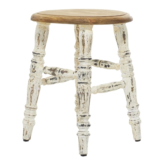 DecMode Wood Stool with Brown Wood Top, White