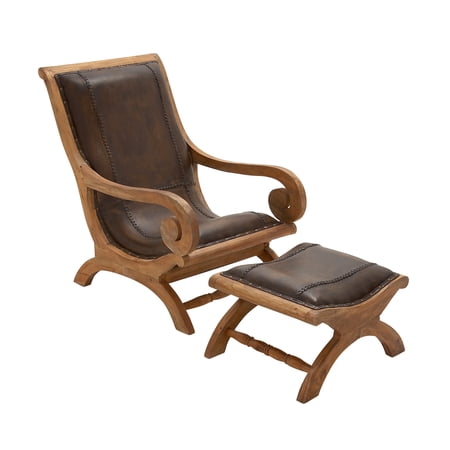 DecMode Wood Upholstered Leather Chair & Ottoman Set with Scrollwork Arms and High Back, Dark Brown