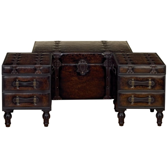 DecMode Faux Leather Vintage 4 Drawer Storage Bench with Strap Handles and Turned Legs, Brown, Set of 3