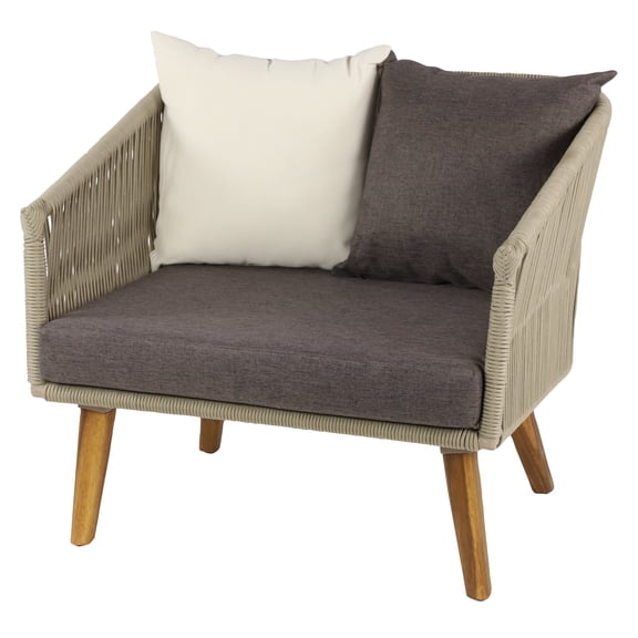 DecMode Woven Rope Wood Outdoor Chair with Polyester Cushions and Slender Tapered Legs - (Set of 2) Gray
