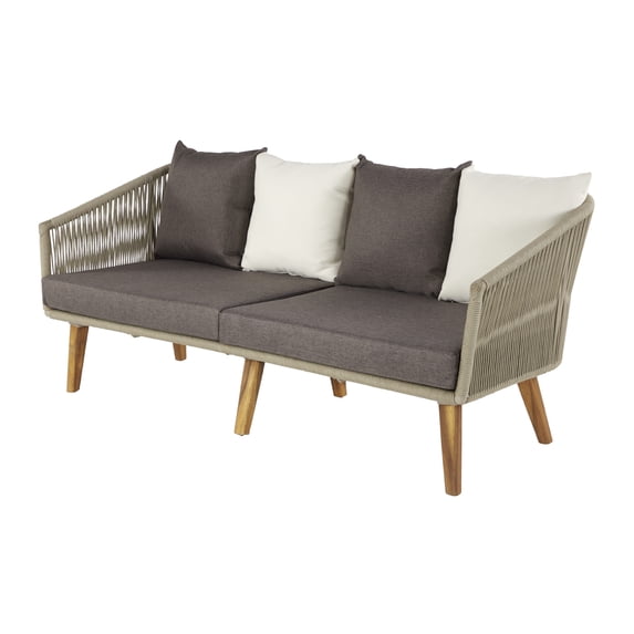 DecMode Woven Rope Wood Outdoor Sofa with Polyester Cushions and Slender Tapered Legs - Gray