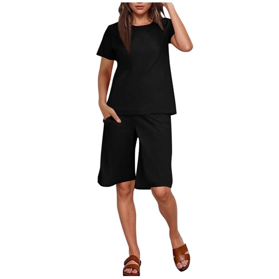 DecSea 2 Piece Outfits for Women Elastic Waist Bermuda Shorts Summer Short Sleeve Tops Loose Comfy Lounge Set with Pockets