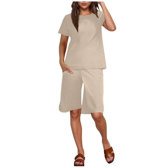 DecSea 2 Piece Outfits for Women Elastic Waist Bermuda Shorts Summer Short Sleeve Tops Loose Comfy Lounge Set with Pockets