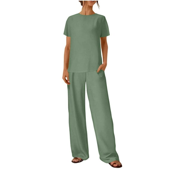 DecSea 2 Piece Outfits for Women Elastic Waist Long Pants Summer Short Sleeve Tops Loose Comfy Lounge Set with Pocket