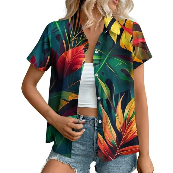 DecSea Hawaiian Style Shirts for Women Short Sleeve Lapel Blouses Summer Dressy Casual Button Down Shirts