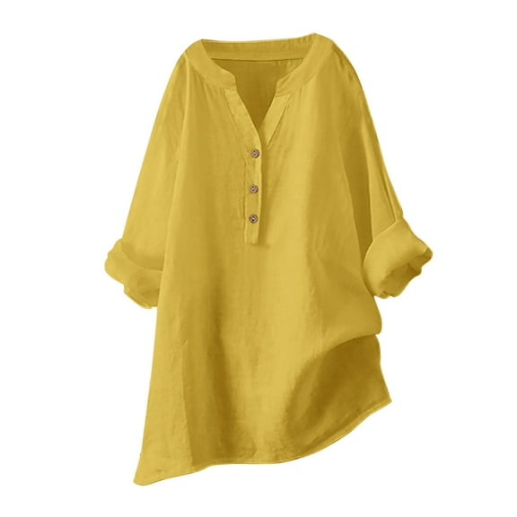 DecSea Linen Shirts for Women Summer Beach 3/4 Length Sleeve V Neck Button Tops Dressy Casual Tunic Loose Blouse