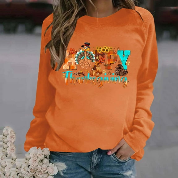 DecSea Long Sleeve Fall T-Shirt for Women Family Halloween Thanksgiving Tops Casual Thankful Pumpkin Turkey Graphic Tees