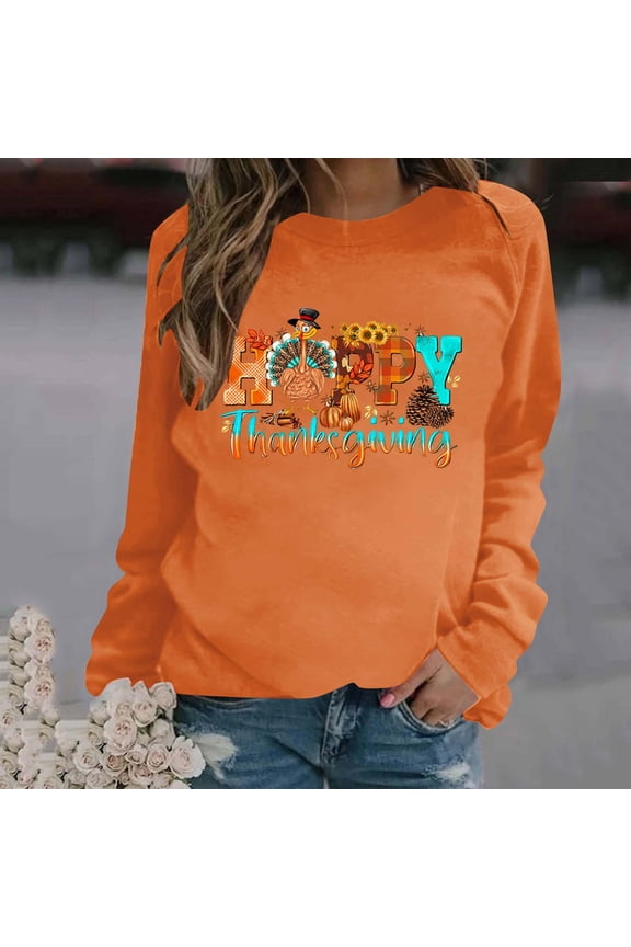 Long Sleeve Fall T-Shirt for Women Family Halloween Thanksgiving Tops Casual Thankful Pumpkin Turkey Graphic Tees