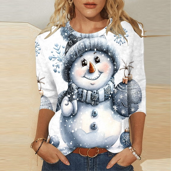 DecSea Merry Christmas Shirts Women's 3/4 Sleeve Xmas Tree Graphic Tee Tops Holidays O-Neck T Shirt Blouse