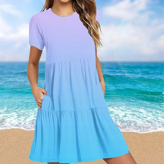 DecSea Women 2025 Casual Summer Dresses Spring Gardient Crew Neck Short Sleeve Knee Length Beach Dress with Pockets