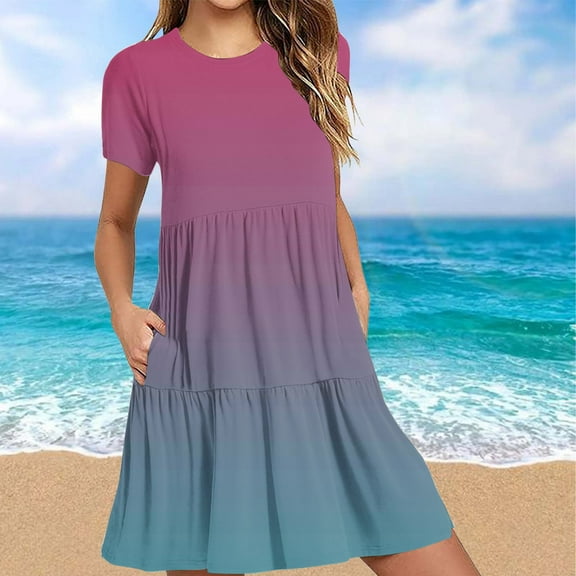 DecSea Women 2025 Casual Summer Dresses Spring Gardient Crew Neck Short Sleeve Knee Length Beach Dress with Pockets