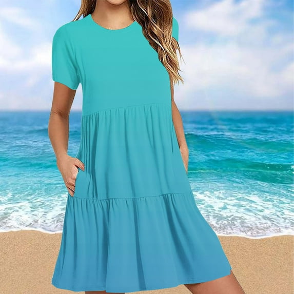 DecSea Women 2025 Casual Summer Dresses Spring Gardient Crew Neck Short Sleeve Knee Length Beach Dress with Pockets