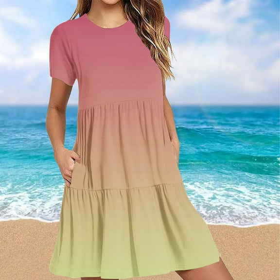 DecSea Women 2025 Casual Summer Dresses Spring Gardient Crew Neck Short Sleeve Knee Length Beach Dress with Pockets