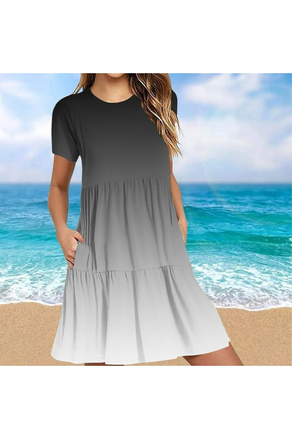 Women 2025 Casual Summer Dresses Spring Gardient Crew Neck Short Sleeve Knee Length Beach Dress with Pockets