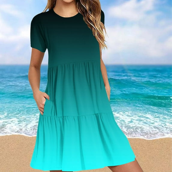 DecSea Women 2025 Casual Summer Dresses Spring Gardient Crew Neck Short Sleeve Knee Length Beach Dress with Pockets