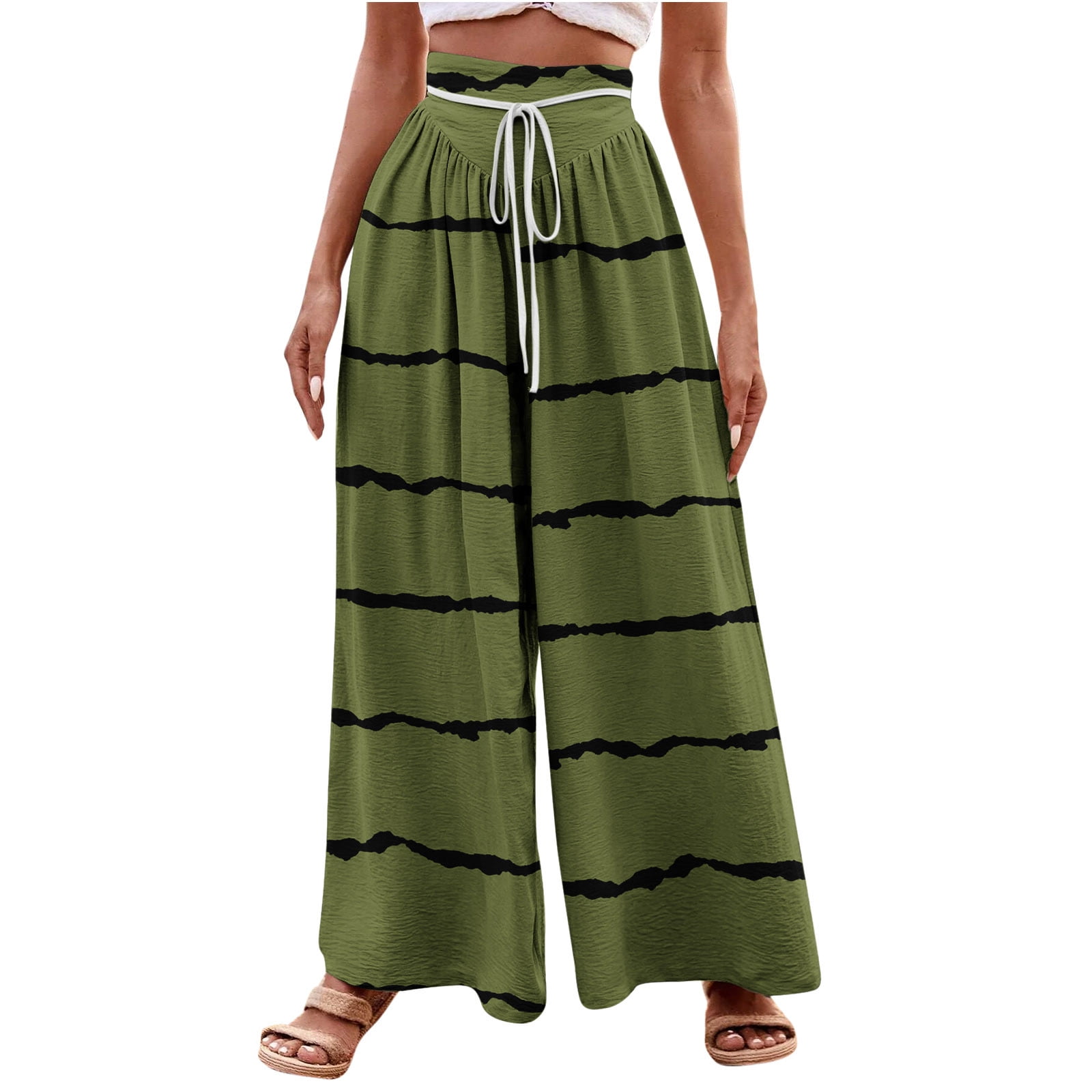 DecSea Women Drawstring Stripe Wide Leg Casual Trousers Striped Low