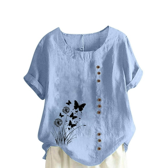 DecSea Women Plus Size Floral Print Shirts Round Neck Short Sleeve Button Casual Tees