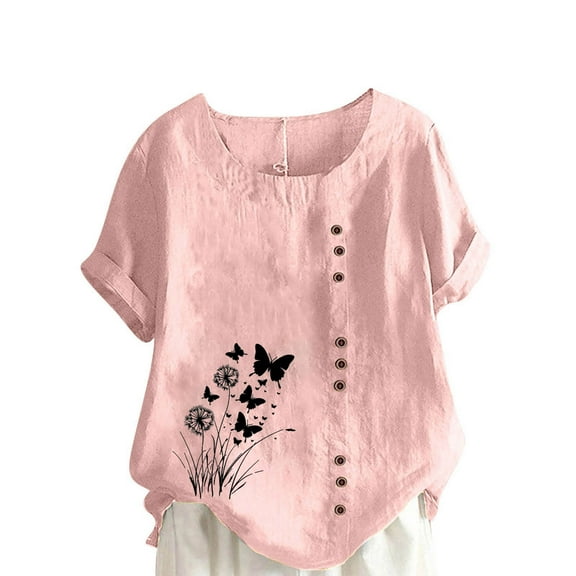 DecSea Women Plus Size Floral Print Shirts Round Neck Short Sleeve Button Casual Tees