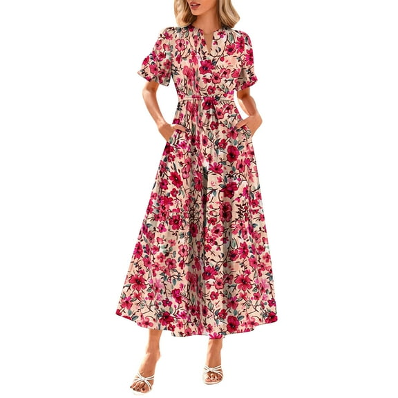 DecSea Women's Casual Bohemian Dress Puff Sleeve V-Neck Button Belt with Pockets