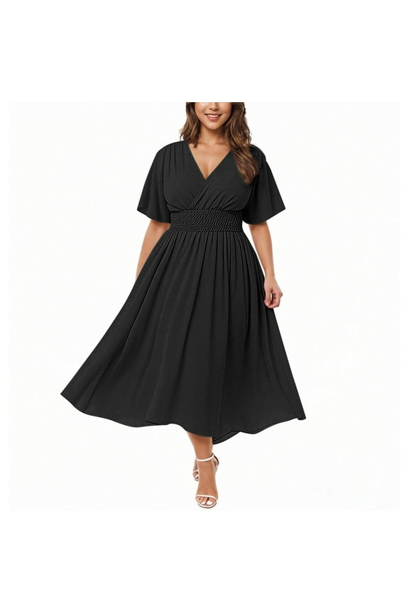 Women's Plus Size Midi Dress Short Sleeve V Neck Smocked Flowy A-Line Boho Wedding Party Dresses
