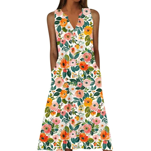 DecSea Women's Summer Plus Size Dress Sleeveless V-Neck Strappy Spaghetti Print Dress Casual Outfit