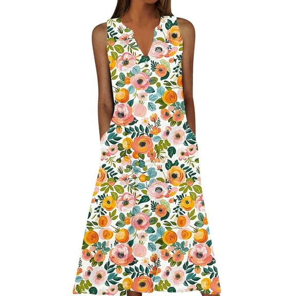DecSea Women's Summer Plus Size Dress Sleeveless V-Neck Strappy Spaghetti Print Dress Casual Outfit