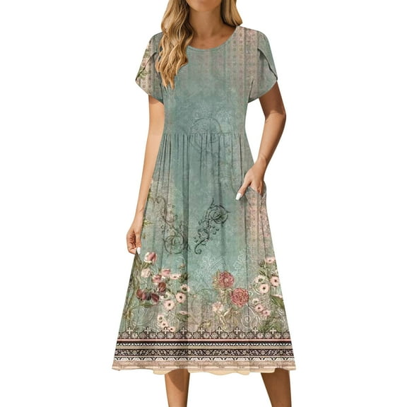 DecSea Women's Summer Print Dresss Round Neck Short Sleeve Casual Fashion