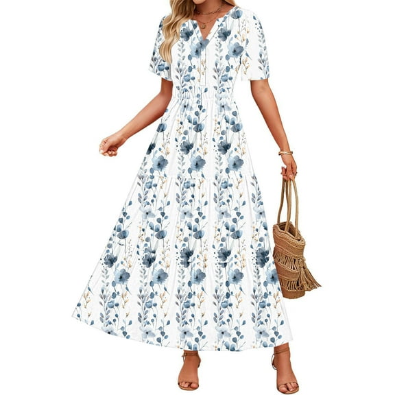 DecSea Women's V-Neck Dress Short Sleeve Bohemian Floral Printed Ankle-Length Dress Summer Fashion