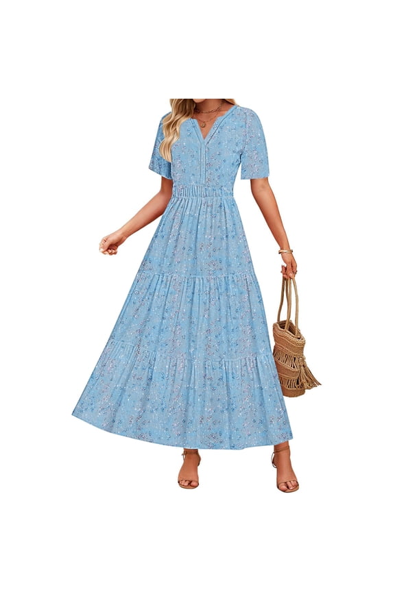 Women's V-Neck Dress Short Sleeve Bohemian Floral Printed Ankle-Length Dress Summer Fashion