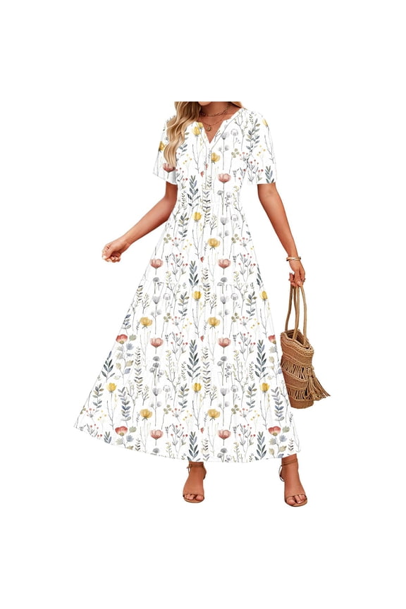 Women's V-Neck Dress Short Sleeve Bohemian Floral Printed Ankle-Length Dress Summer Fashion