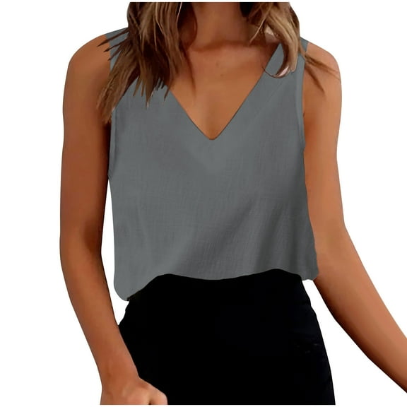 DecSea Womens Cotton Linen Tank Tops V Neck Casual Cami Sleeveless Blouses Summer Basic Tank Shirt S-XXL