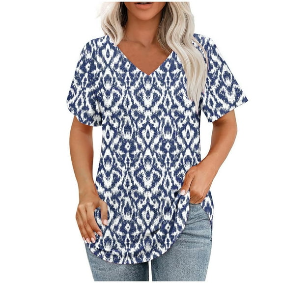 DecSea Womens Printed T Shirts V Neck Short Sleeve Casual Tops Loose Fit Basic Tees with Curved Hem